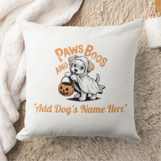Cute Ghost Puppy Halloween Custom Pet Name Throw Cushion