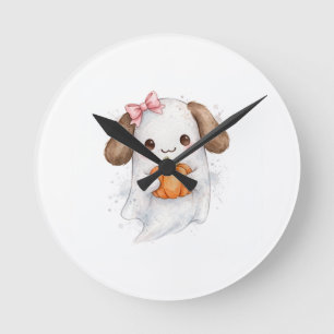 Cute Ghost Puppy Pink Bow Halloween Dog Bandanna Round Clock