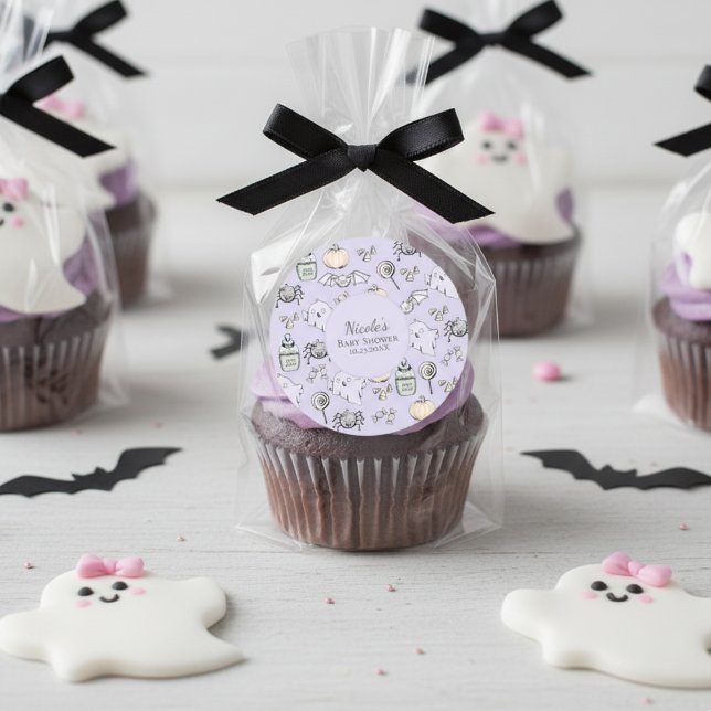 Cute Ghost Purple Halloween Baby Shower Classic Round Sticker (3" Halloween Party Favor Sticker for Baby Shower, Birthday or Trick or Treat in Purple. Ghost, Bat)