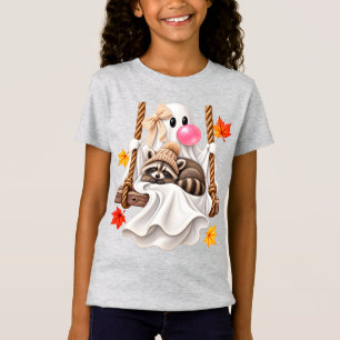 Cute Ghost Racoon Autumn Swing Maple Leaves Cosy T-Shirt