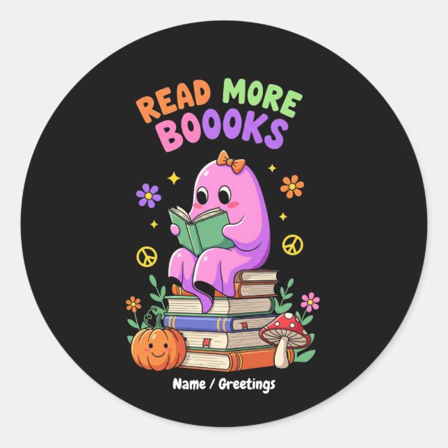 Cute Ghost “Read More Booooks” Funny Halloween  Classic Round Sticker (Front)
