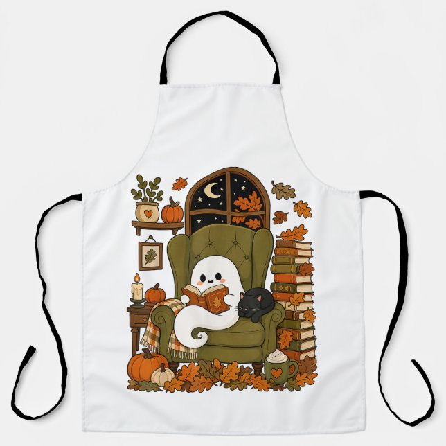 Cute Ghost Reading Book Black Cat Fall Pumpkin Apron (Front)