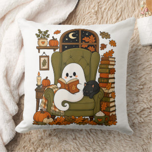 Cute Ghost Reading Book Black Cat Fall Pumpkin Cushion