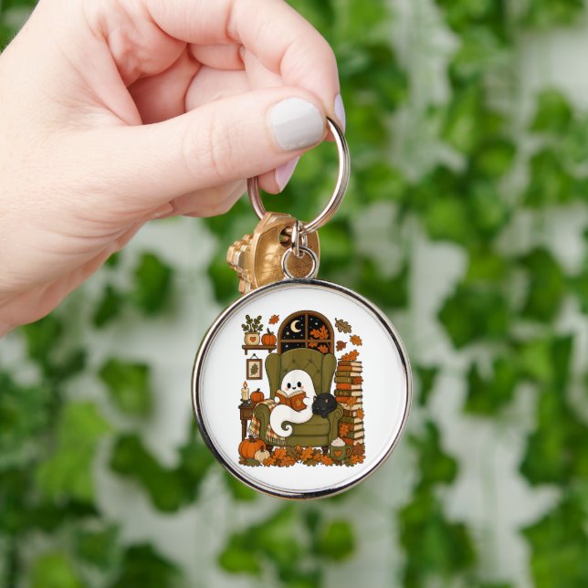 Cute Ghost Reading Book Black Cat Fall Pumpkin  Key Ring (Hand)