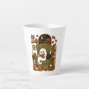 Cute Ghost Reading Book Black Cat Fall Pumpkin Latte Mug