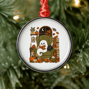 Cute Ghost Reading Book Black Cat Fall Pumpkin Metal Tree Decoration