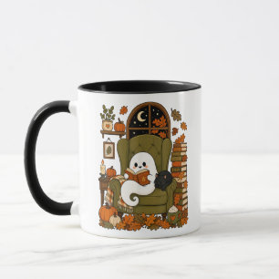 Cute Ghost Reading Book Black Cat Fall Pumpkin Mug