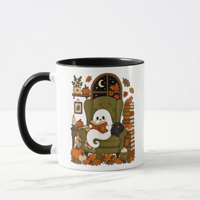 Cute Ghost Reading Book Black Cat Fall Pumpkin Mug (Left)