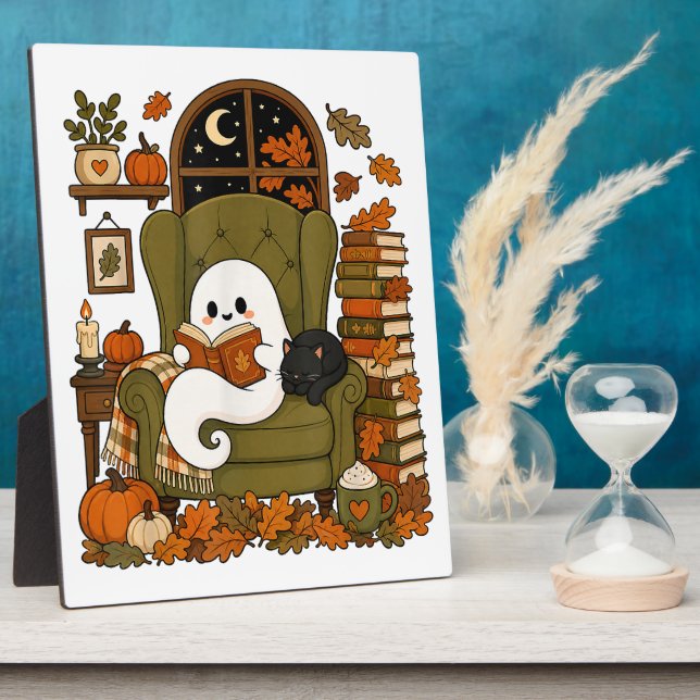 Cute Ghost Reading Book Black Cat Fall Pumpkin Plaque (Side)