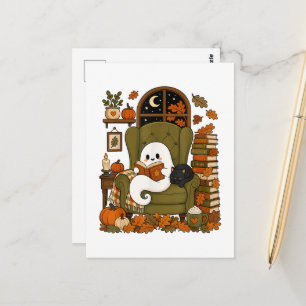 Cute Ghost Reading Book Black Cat Fall Pumpkin Postcard