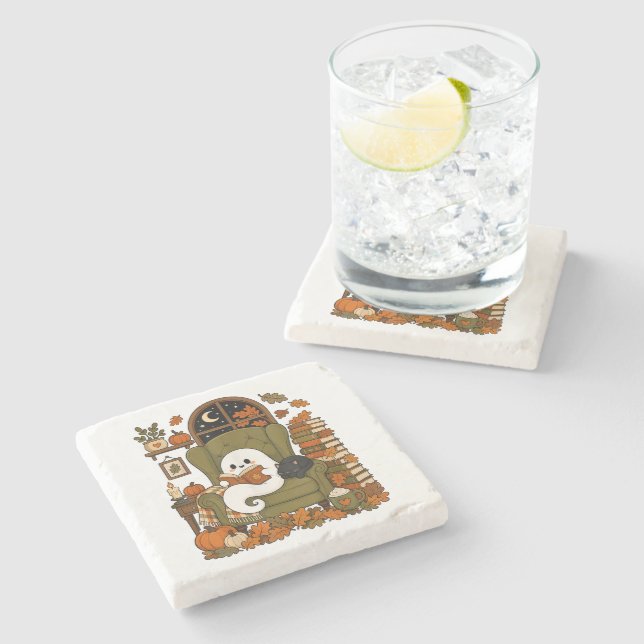 Cute Ghost Reading Book Black Cat Fall Pumpkin Stone Coaster (Side)