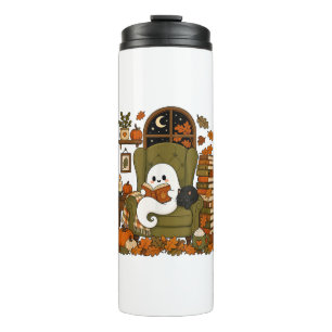 Cute Ghost Reading Book Black Cat Fall Pumpkin Thermal Tumbler