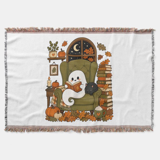 Cute Ghost Reading Book Black Cat Fall Pumpkin Throw Blanket (Front)