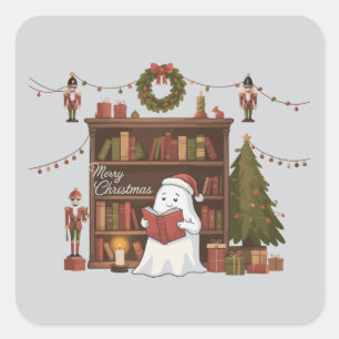 Cute Ghost Reading Book Christmas Reading  Square Sticker