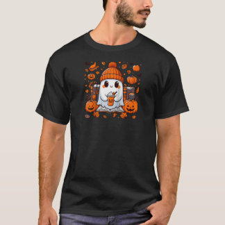 Cute Ghost Reading Book Fall Autumn Coffee Hallowe T-Shirt