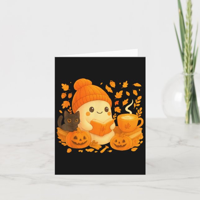 Cute Ghost Reading Book Lovers Autumn Fall Hallowe Card (Front)
