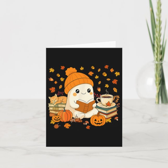 Cute Ghost Reading Book Lovers Autumn Fall Hallowe Card (Front)