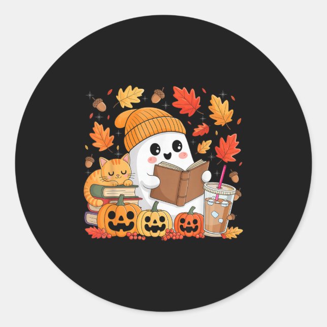 Cute Ghost Reading Book Lovers Autumn Fall Hallowe Classic Round Sticker (Front)