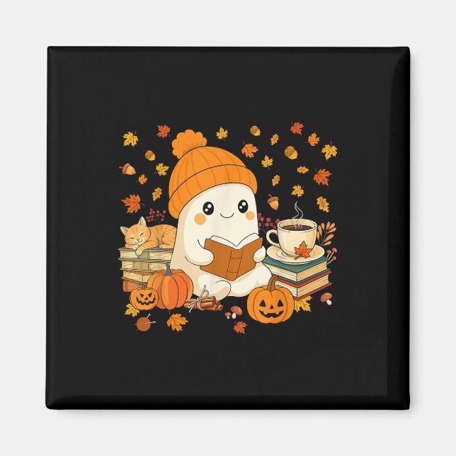 Cute Ghost Reading Book Lovers Autumn Fall Hallowe Magnet (Front)