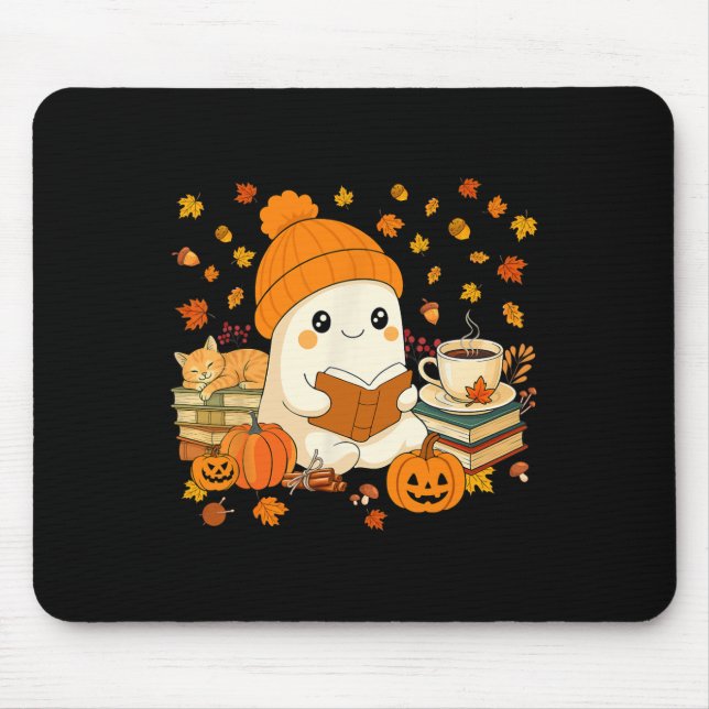 Cute Ghost Reading Book Lovers Autumn Fall Hallowe Mouse Mat (Front)