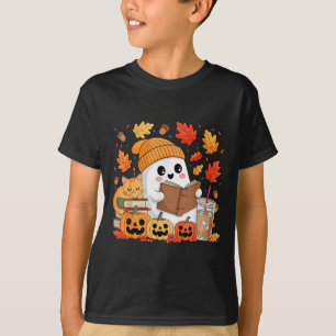 Cute Ghost Reading Book Lovers Autumn Fall Hallowe T-Shirt