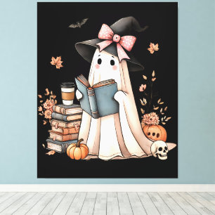 Cute Ghost Reading Book Lovers Halloween Ghost Canvas Print