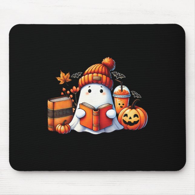 Cute Ghost Reading Book Lovers Halloween Ghost Cof Mouse Mat (Front)