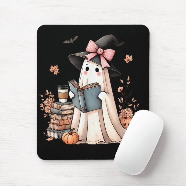 Cute Ghost Reading Book Lovers Halloween Ghost  Mouse Mat (With Mouse)