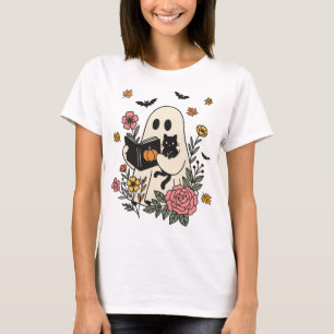 Cute Ghost Reading Book with Cat Halloween Shirt