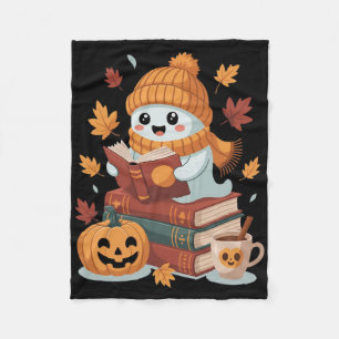 Cute Ghost Reading Books - Fall Halloween Book Lov Fleece Blanket