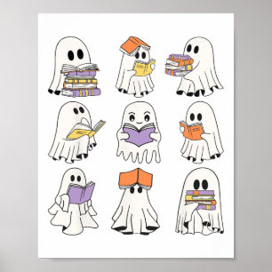 Cute Ghost Reading Books Funny Halloween Books Lov Poster