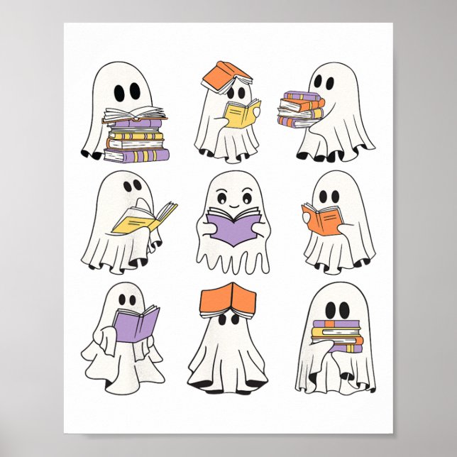 Cute Ghost Reading Books Funny Halloween Books Lov Poster (Front)