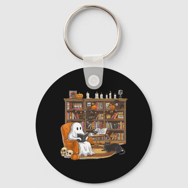 Cute Ghost Reading Books With Black Cat Halloween Key Ring (Front)