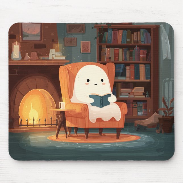 Cute Ghost Reading By A Cosy Fireplace - Mousepad (Front)