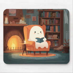 Cute Ghost Reading By A Cozy Fireplace - Mousepad