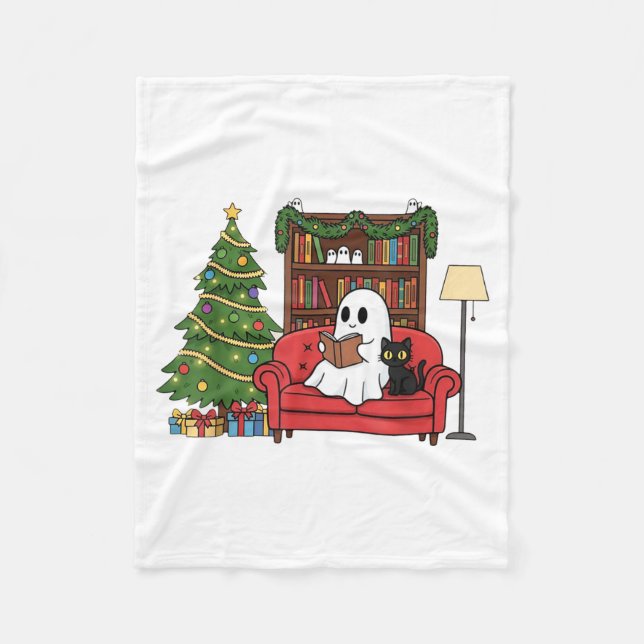 Cute Ghost Reading Christmas, Christmas Ghost Book Fleece Blanket (Front)