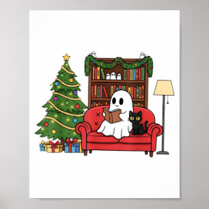 Cute Ghost Reading Christmas, Christmas Ghost Book Poster