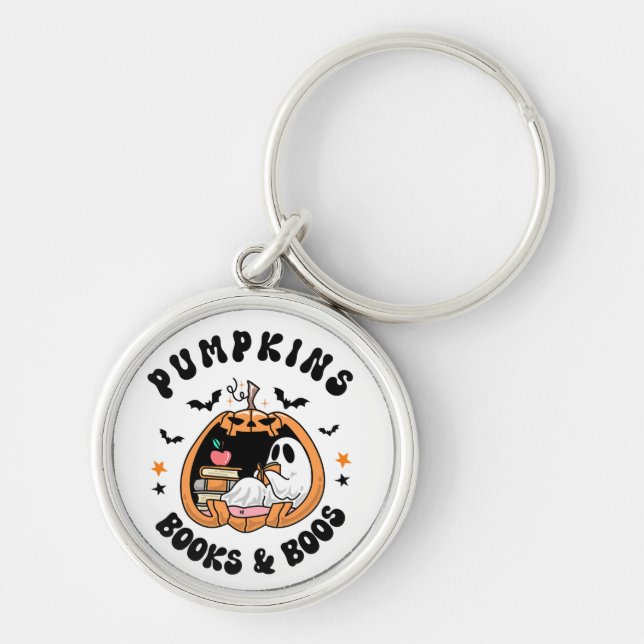 Cute Ghost Reading Pumpkins Books and Boos Key Ring (Front)