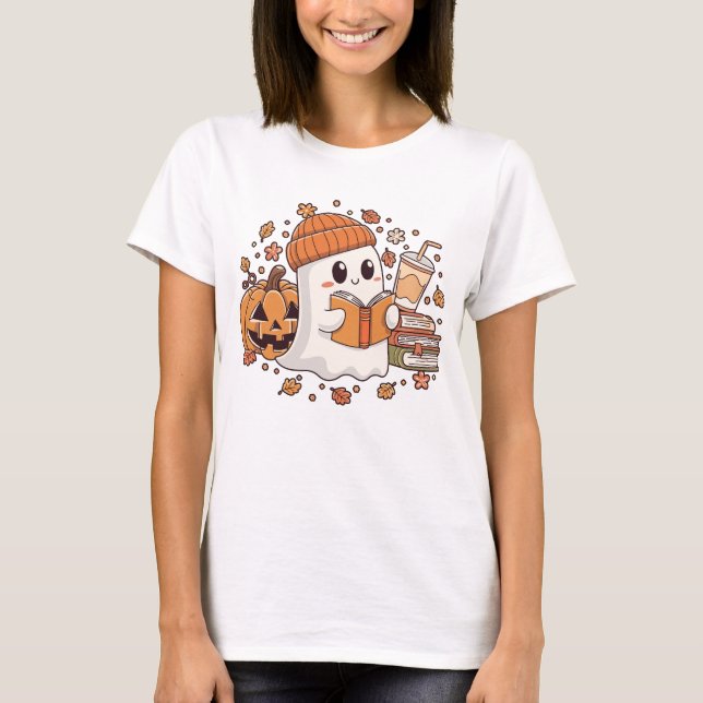 Cute Ghost Reading T-shirt Spooky Season Book Love (Front)