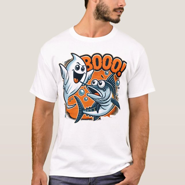 Cute Ghost Scaring Fish Funny Halloween T-Shirt (Front)