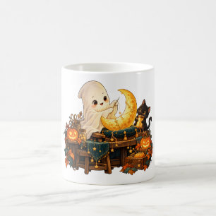 Cute Ghost Sewing Golden Moon Halloween Coffee Mug