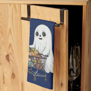 Cute Ghost Shopping Cart Snacks Funny Halloween Tea Towel