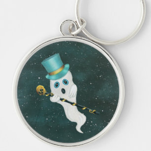 Cute Ghost Silly Face Wearing Top Hat Skull Cane Key Ring