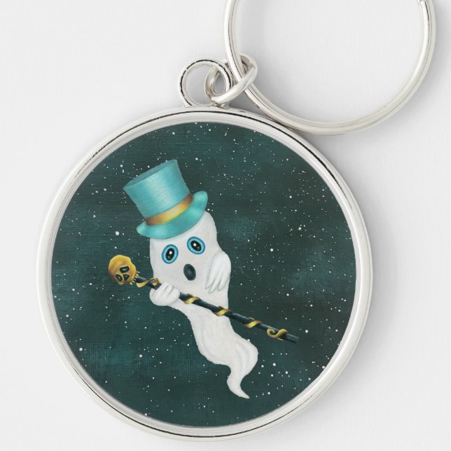 Cute Ghost Silly Face Wearing Top Hat Skull Cane  Key Ring (Front)