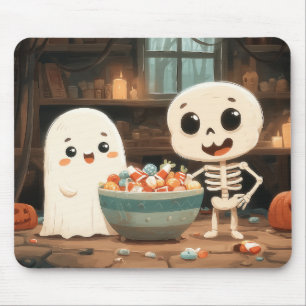 Cute Ghost & Skeleton With Candy Bowl - Mousepad