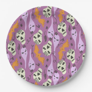Cute Ghost Skull Bat Halloween Doodles Purple Paper Plate