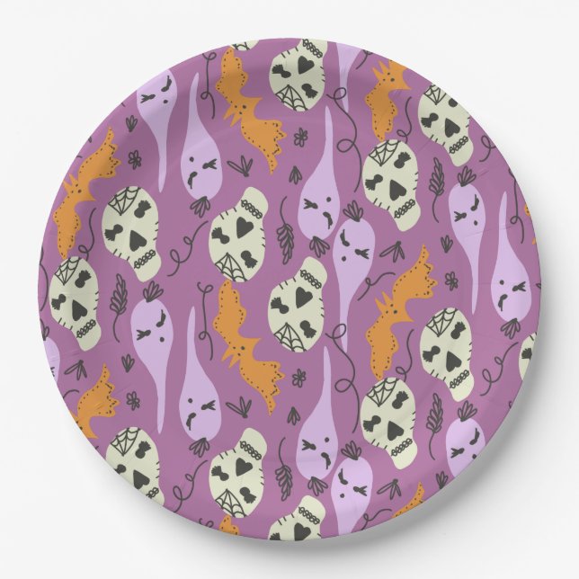 Cute Ghost Skull Bat Halloween Doodles Purple Paper Plate (Front)