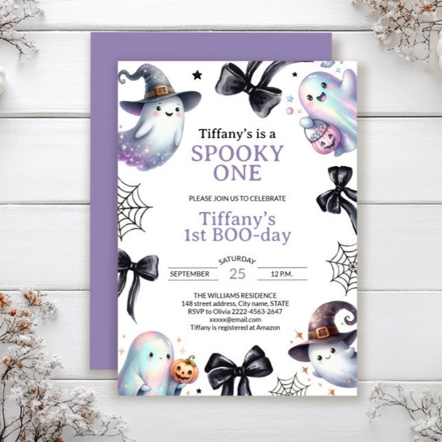Cute ghost spooky Halloween 1 birthday Invitation (Cute pastel ghost birthday invitation with bows and cobwebs — perfect for a Halloween party)