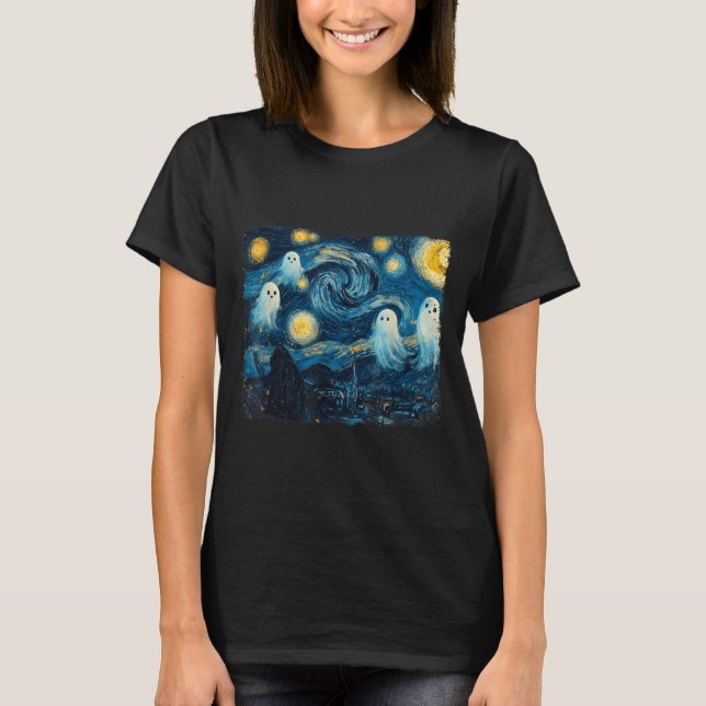 Cute Ghost Starry Night Halloween Soky Retro Van G T-Shirt (Front)