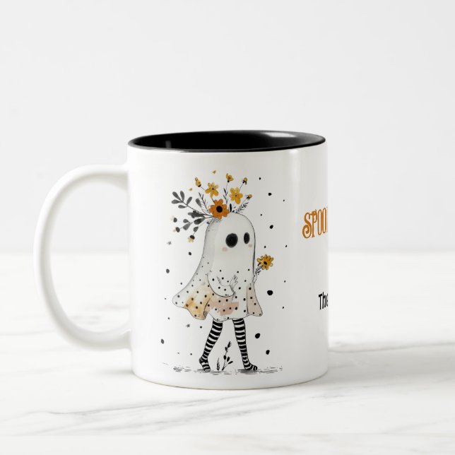 Cute Ghost& Sunflowers Whimsical Spooky Season Two-Tone Coffee Mug (Left)